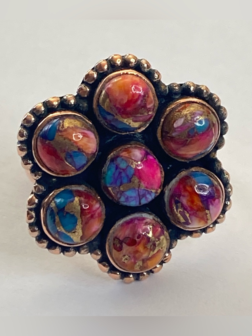 Spiny Oyster Pink Dahlia Turquoise  Adjustable Copper Ring  Southwest Jewelry